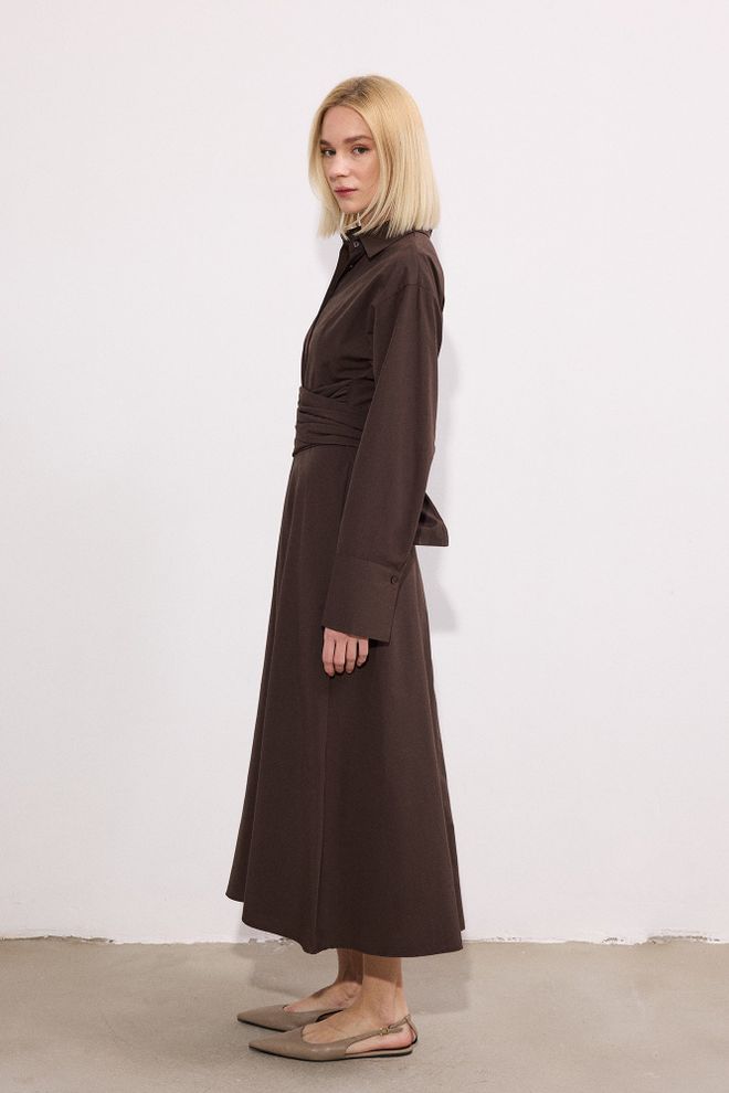 Touche Prive Elegant Brown Midi Shirt Dress With Notched Neck Wholesale Clothing Casual