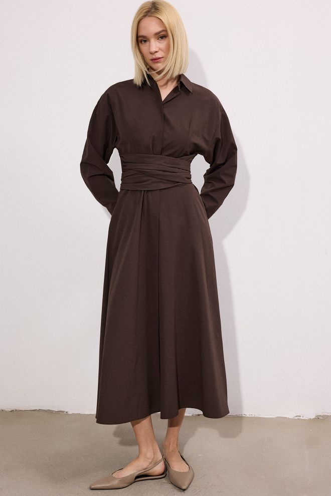 Touche Prive Elegant Brown Midi Shirt Dress With Notched Neck Wholesale Clothing 1