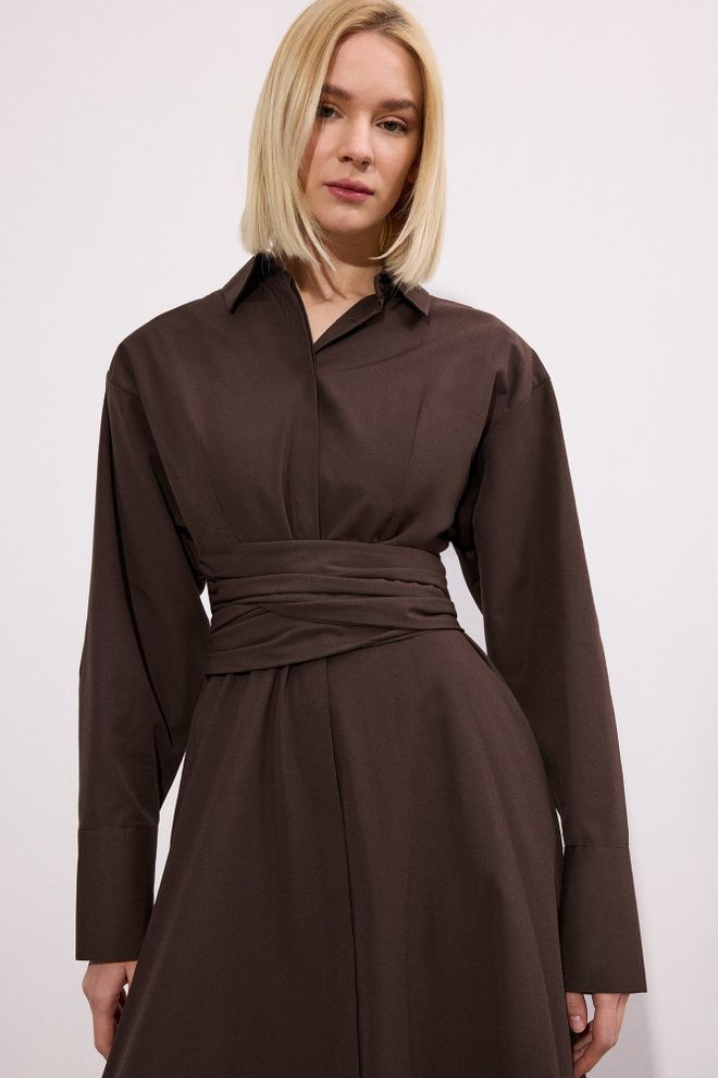 Touche Prive Elegant Brown Midi Shirt Dress With Notched Neck Wholesale Clothing Spring