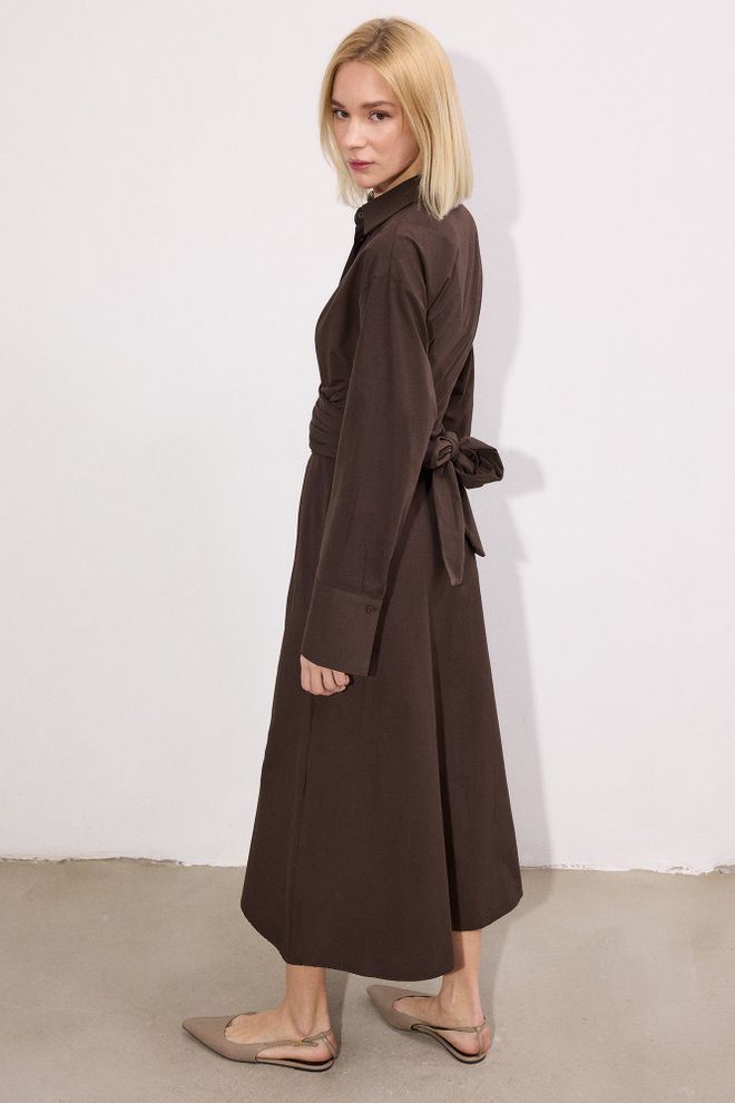 Touche Prive Elegant Brown Midi Shirt Dress With Notched Neck Wholesale Clothing Work