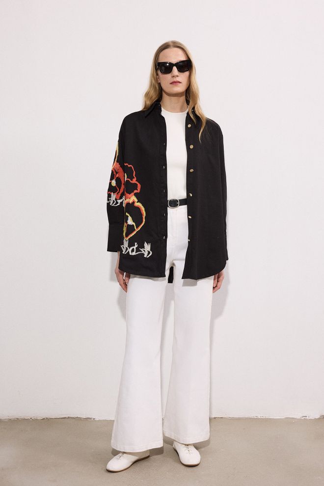 Touche Prive Black Floral Buttoned Long Sleeve Shirt Wholesale Clothing Spring