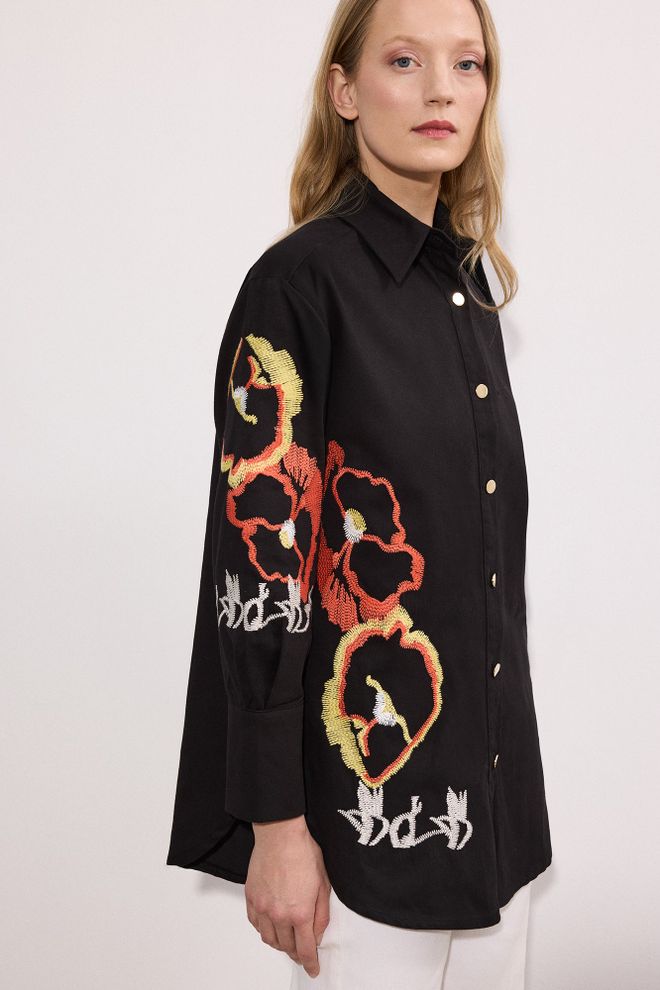 Touche Prive Black Floral Buttoned Long Sleeve Shirt Wholesale Clothing 1