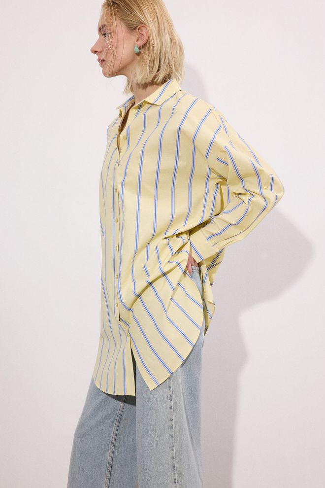 Touche Prive Sarı Günlük Bol Kesim Çizgili Polo Yaka Gömlek Toptan Giyim Gündelik