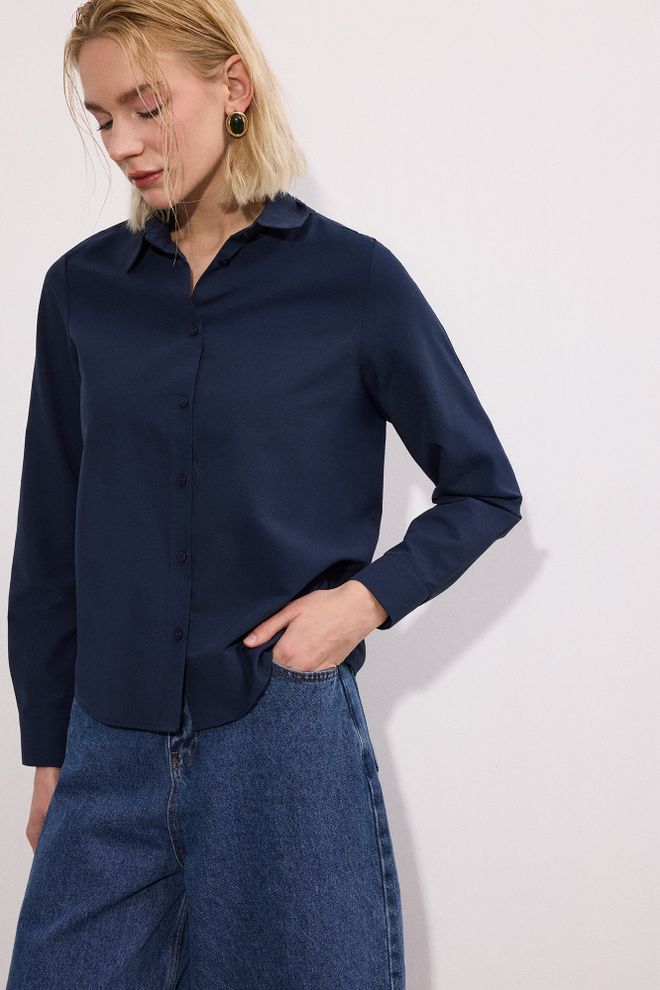 Touche Prive Navy Blue Shirt With Polo Neck And Buttoned Closure Wholesale Clothing Formal