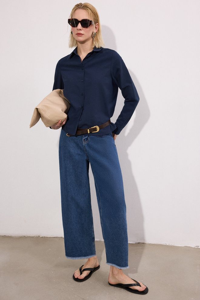 Touche Prive Navy Blue Shirt With Polo Neck And Buttoned Closure Wholesale Clothing Spring