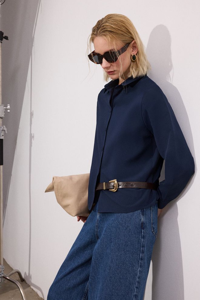 Touche Prive Navy Blue Shirt With Polo Neck And Buttoned Closure Wholesale Clothing 1