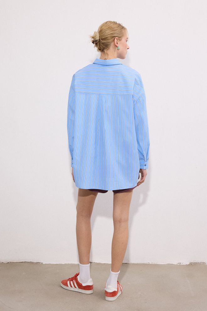 Touche Prive Blue Casual Preppy Striped Shirt Buttoned Long Sleeve Straight Sleeve Oversized Fit Notched Neck Long Wholesale Clothing Spring