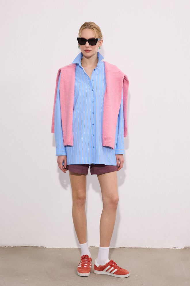 Touche Prive Mavi Gündelik Kolej Gömlek Çizgili Düğmeli Uzun Kol Düz Kol Bol Kalıp Çentikli Yaka Uzun Toptan Giyim Gündelik