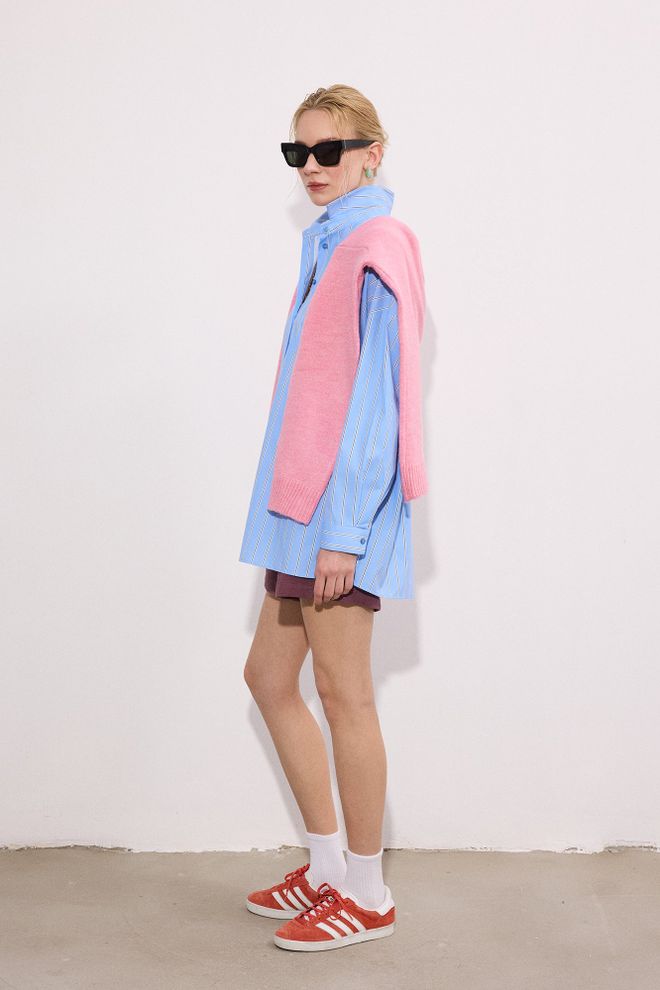 Touche Prive Blue Casual Preppy Striped Shirt Buttoned Long Sleeve Straight Sleeve Oversized Fit Notched Neck Long Wholesale Clothing Preppy