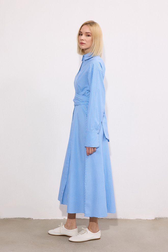 Touche Prive Blue Striped Midi Shirt Dress With Notched Neck Wholesale Clothing 1