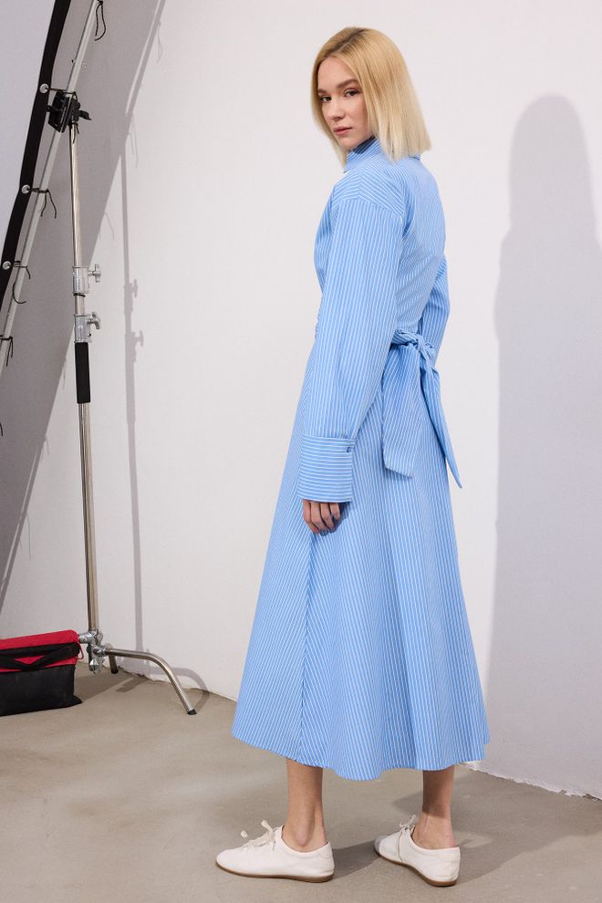 Touche Prive Blue Striped Midi Shirt Dress With Notched Neck Wholesale Clothing Spring