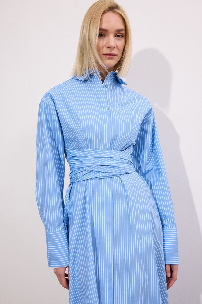 Touche Prive Blue Striped Midi Shirt Dress With Notched Neck Wholesale Clothing Formal
