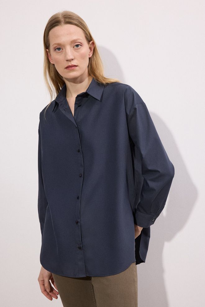 Touche Prive Navy Blue Oversized Polo Neck Long Sleeve Shirt Wholesale Clothing Spring