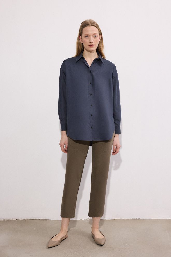 Touche Prive Chemise Bleu Marine Oversize À Col Polo Manches Longues Droites Boutonnée Élégante Vêtements en gros Décontracté
