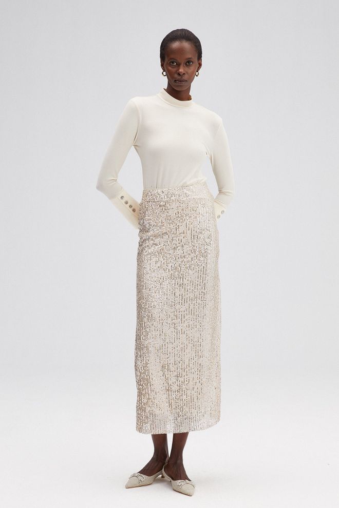 Touche Prive Sidabrinė Elegantiška Blizgi Formali Maxi Pieštuko Sijonas Su Aukštu Liemeniu Didmeninė prekyba drabužiais Išleistuvės