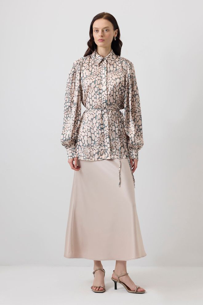 Touche Prive Smėlio Elegantiski Geometriniai Marškiniai Ilga Raukta Rankove Didmeninė prekyba drabužiais Vintažinis