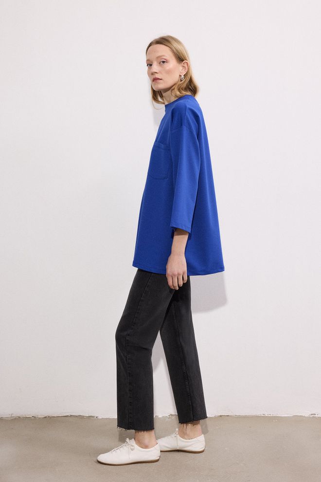 Touche Prive Modra Priložnostna Elegantna Oversized Tunika Oblačila na debelo Skromno