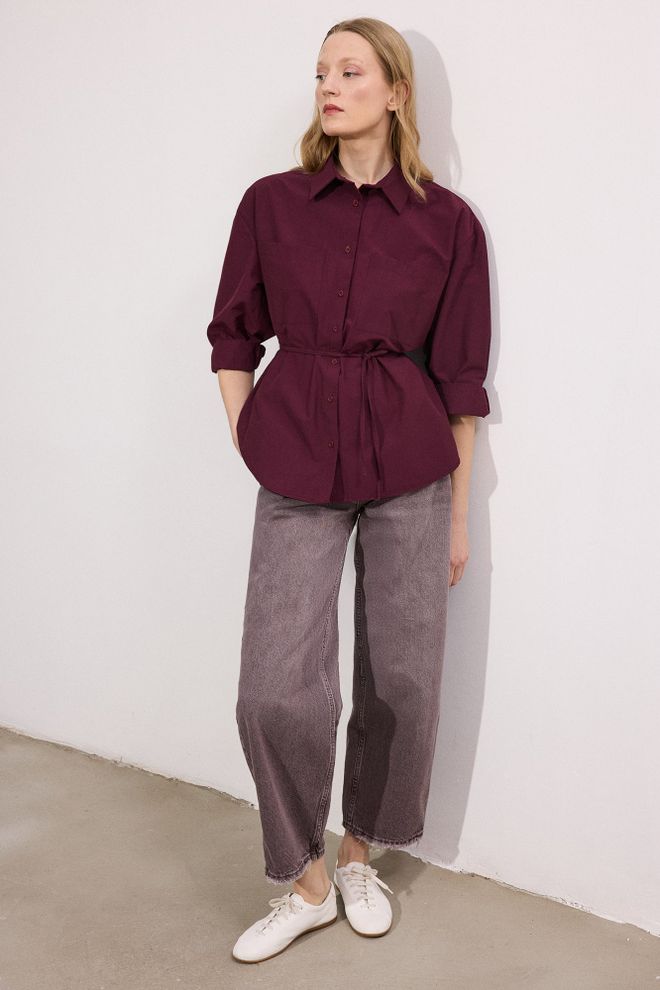 Touche Prive قميص أرجواني داكن بياقة شال وأكمام 3/4 ملابس بالجملة غير رسمي