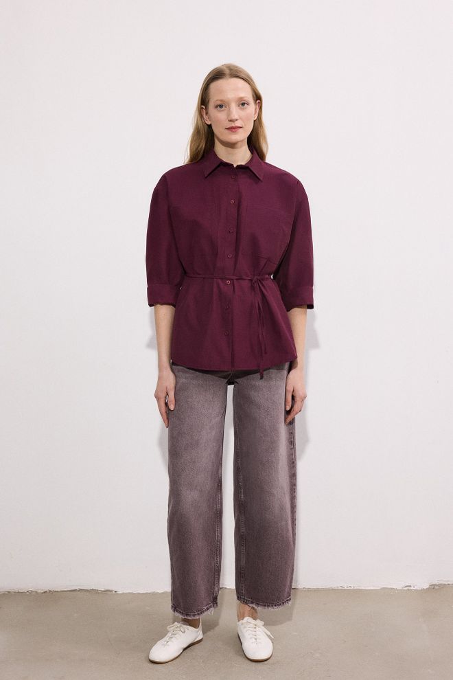 Touche Prive Chemise Rouge Bordeaux Col Châle Manches 3/4 Vêtements en gros Élégant