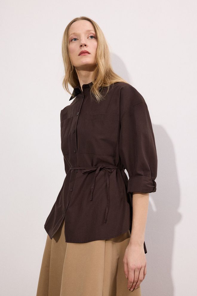 Touche Prive Chemise Brun Élégante À Manches 3/4 Et Encolure Échancrée Vêtements en gros 5