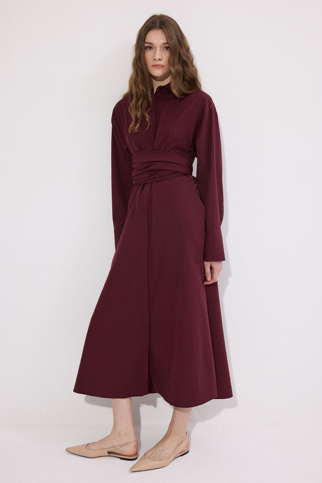 Touche Prive Claret Red Elegant Vintage Midi Shirt Dress Wholesale Clothing Spring