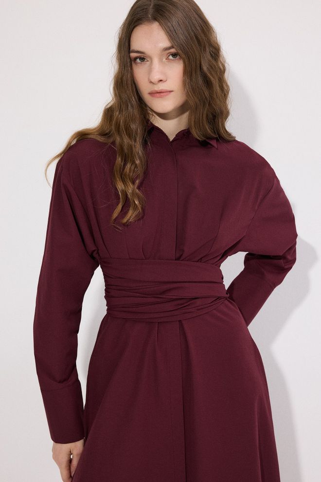 Touche Prive Claret Red Elegant Vintage Midi Shirt Dress Wholesale Clothing Work