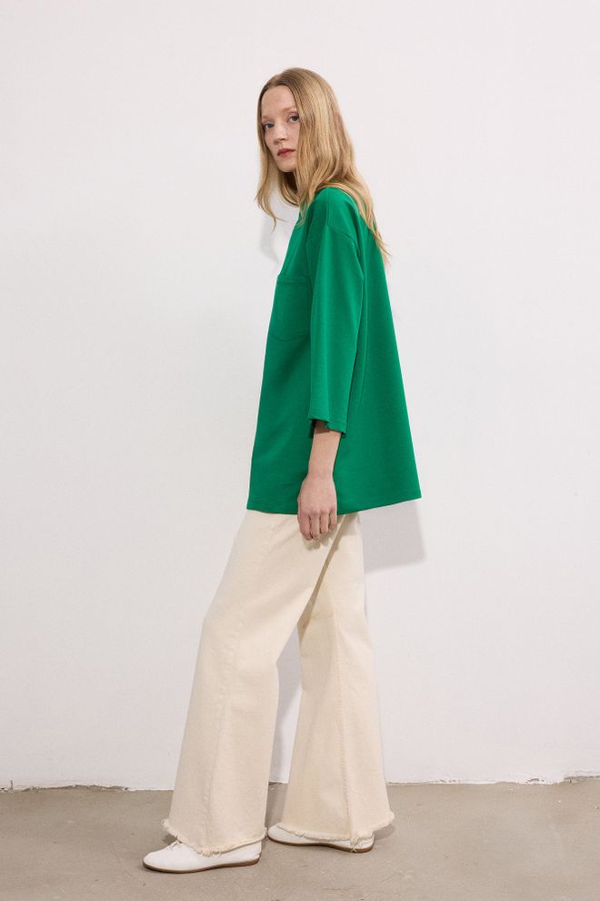 Touche Prive Zelena Priložnostna Skromna Tunika S 3/4 Rokavi Oblačila na debelo Skromno