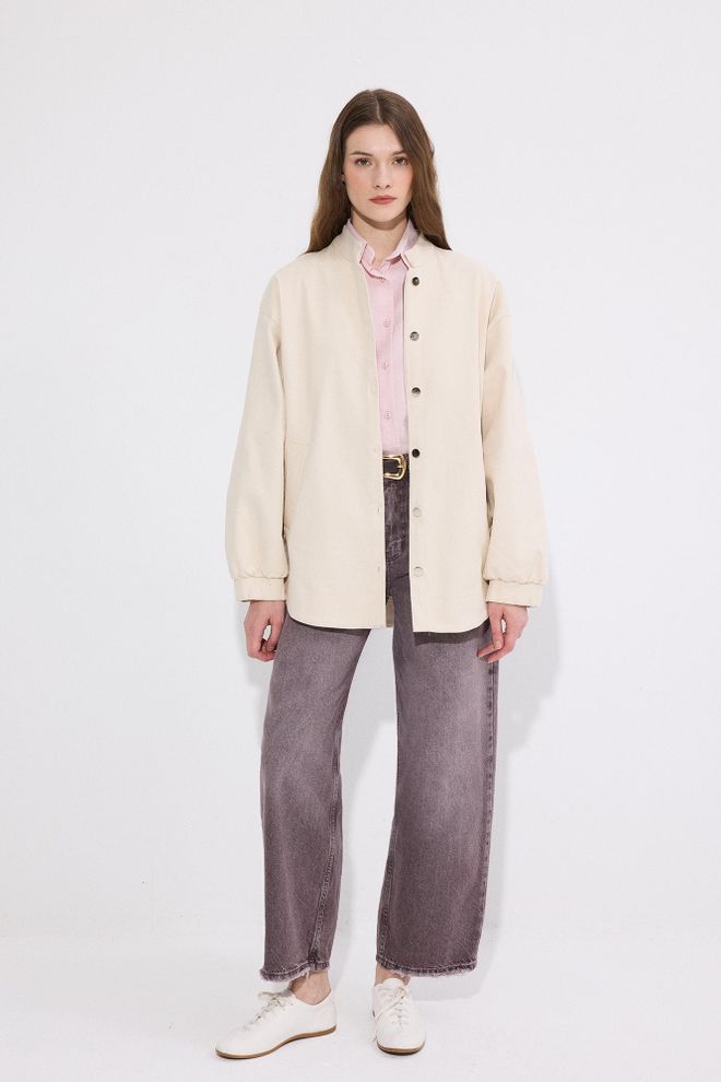 Touche Prive Beige Shacket Jacket Oversized Fit With Band Collar Wholesale Clothing Casual