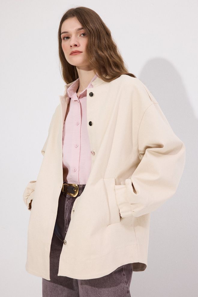 Touche Prive Beige Shacket Jacket Oversized Fit With Band Collar Wholesale Clothing 1