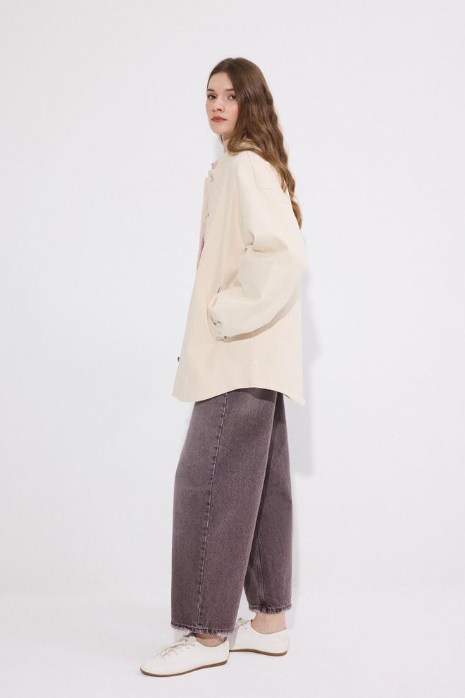 Touche Prive Beige Shacket Jacket Oversized Fit With Band Collar Wholesale Clothing Spring