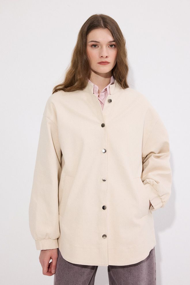 Touche Prive Beige Shacket Jacket Oversized Fit With Band Collar Wholesale Clothing Lounge