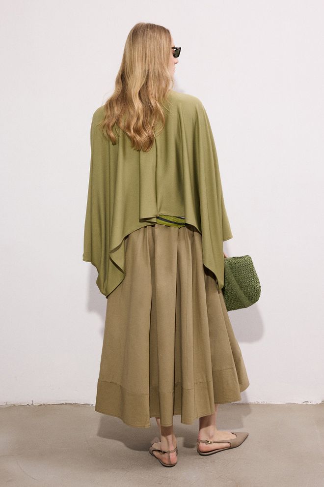 Touche Prive Khaki Flared Midi Skirt High Waist Pull On Wholesale Clothing Casual