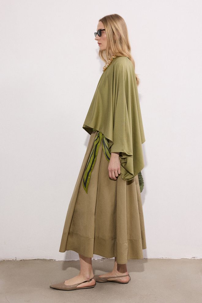 Touche Prive Khaki Flared Midi Skirt High Waist Pull On Wholesale Clothing Lounge