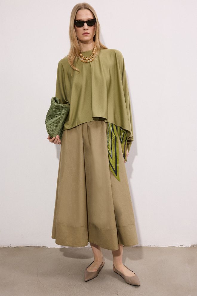 Touche Prive Jupe Kaki Évasée Midi Taille Haute Fermeture À Tirette Vêtements en gros Modeste