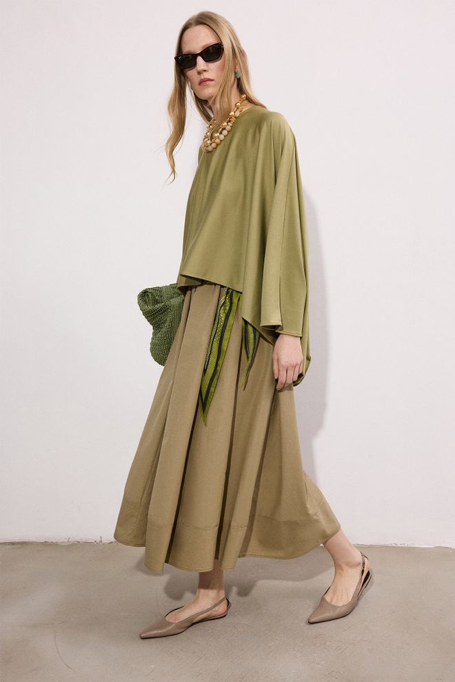 Touche Prive Khaki Flared Midi Skirt High Waist Pull On Wholesale Clothing 1