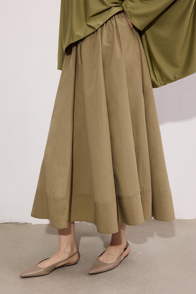 Touche Prive Khaki Flared Midi Skirt High Waist Pull On Wholesale Clothing Spring