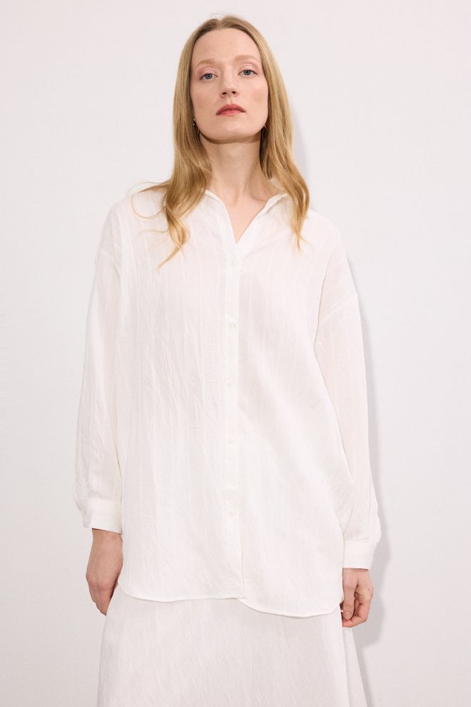 Touche Prive Wit Gestreept Oversized Shirt Met Geribbelde Hals Groothandel Kleding Casual