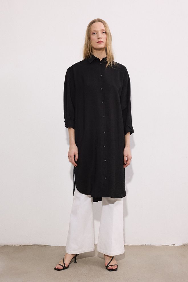 Touche Prive Black Oversized Polo Neck Long Shirt Wholesale Clothing Spring