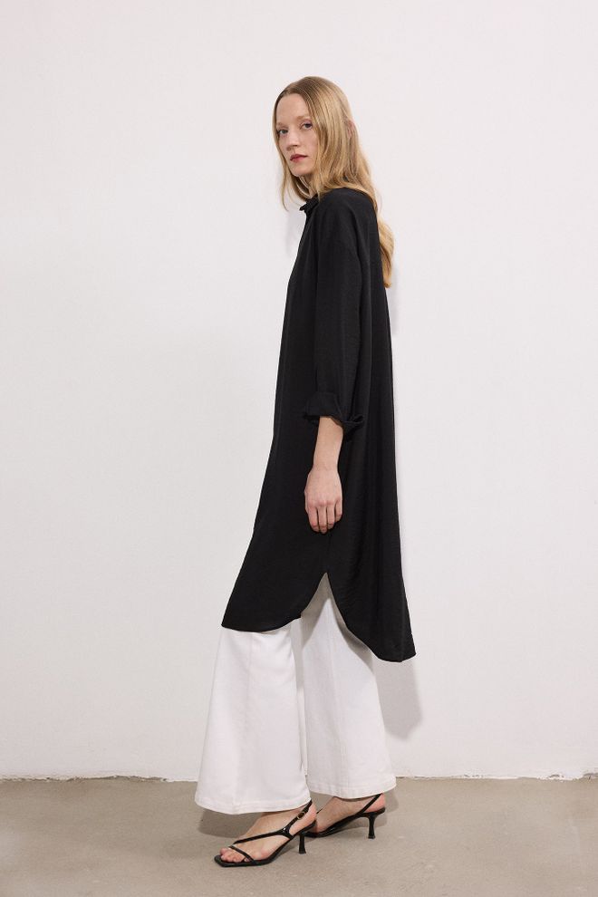 Touche Prive Black Oversized Polo Neck Long Shirt Wholesale Clothing Formal