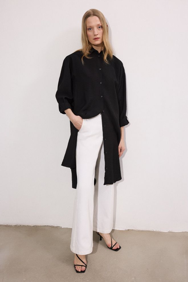 Touche Prive Black Oversized Polo Neck Long Shirt Wholesale Clothing 1