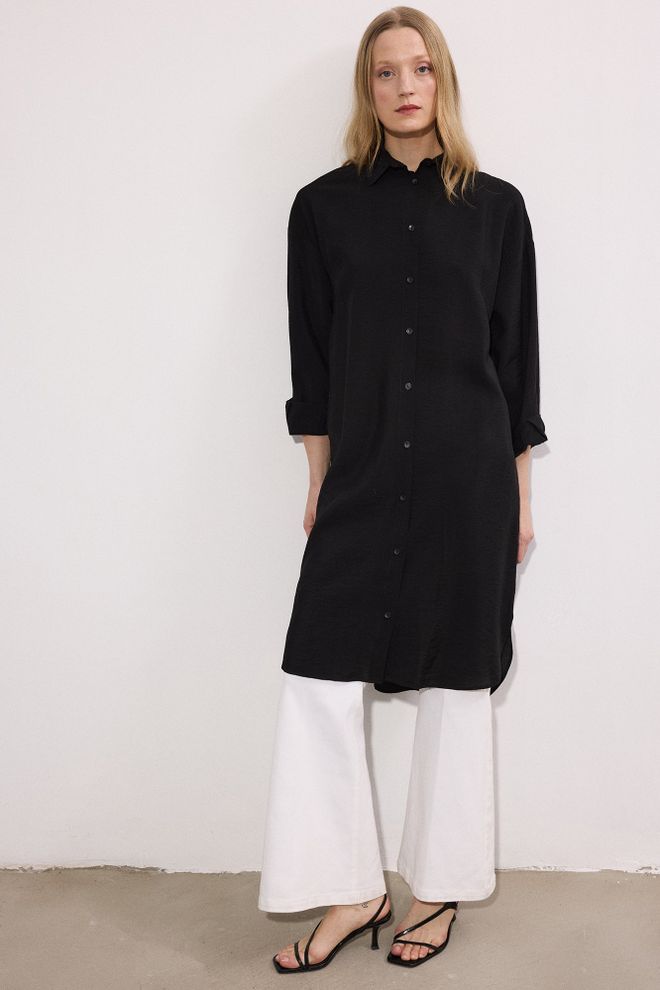 Touche Prive Črna Dolga Majica Z Ovratnikom Polo 3/4 Ravnimi Rokavi Oversized Fit Na Gumbe Priložnostna Formalna Elegantna Oblačila na debelo Ležerno