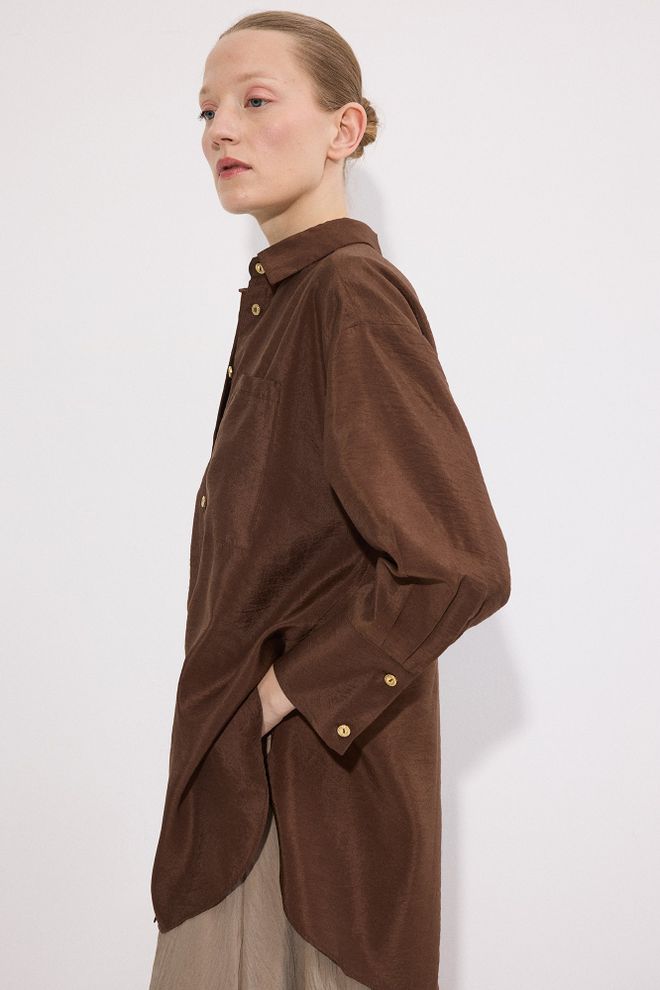 Touche Prive Brown Oversized Casual Buttoned Shirt Wholesale Clothing Spring