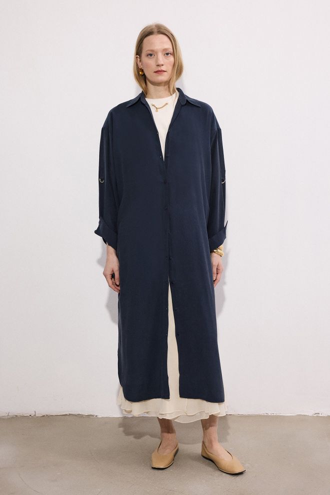 Touche Prive Elegante Marineblauwe Hemdjurk Met Geribbelde Hals Groothandel Kleding Lounge