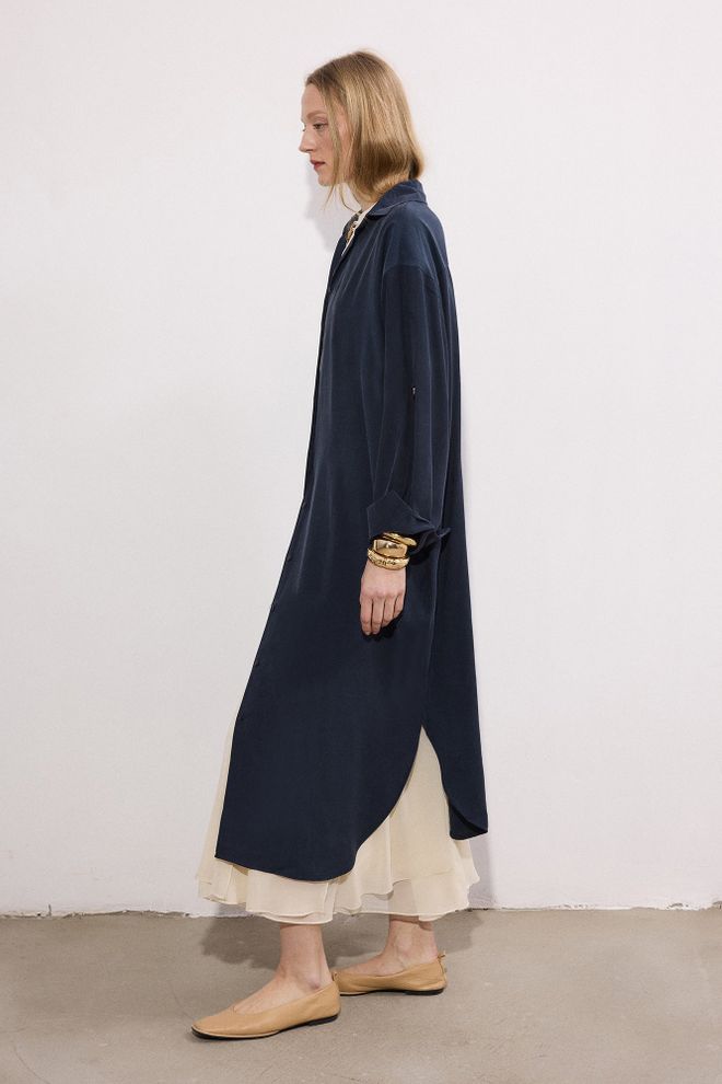 Touche Prive Elegante Marineblauwe Hemdjurk Met Geribbelde Hals Groothandel Kleding Casual