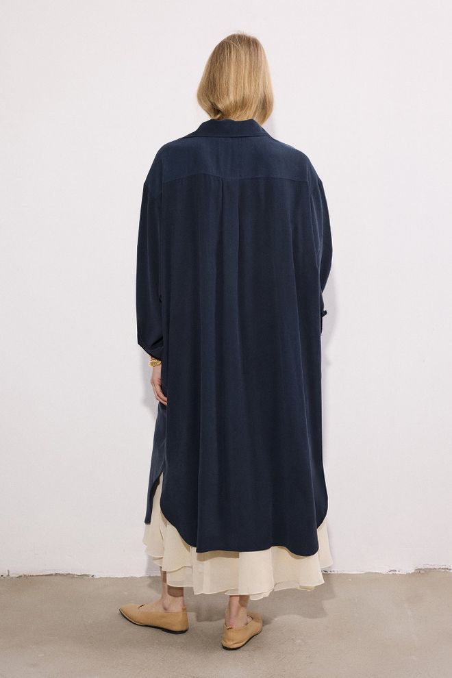 Touche Prive Elegante Marineblauwe Hemdjurk Met Geribbelde Hals Groothandel Kleding Lente