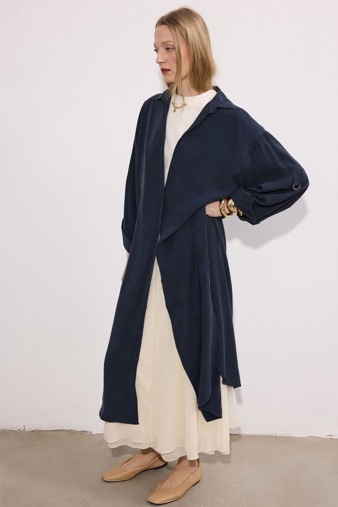 Touche Prive Elegante Marineblauwe Hemdjurk Met Geribbelde Hals Groothandel Kleding 1