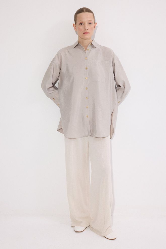 Touche Prive Beige Oversized Fit Polo Neck Long Sleeve Shirt Wholesale Clothing Lounge