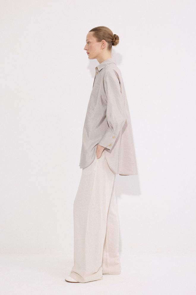 Touche Prive Beige Oversized Fit Polo Neck Long Sleeve Shirt Wholesale Clothing Casual