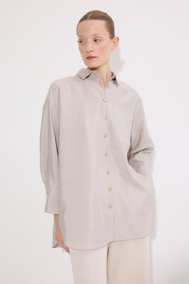 Touche Prive Beige Oversized Fit Polo Neck Long Sleeve Shirt Wholesale Clothing 1