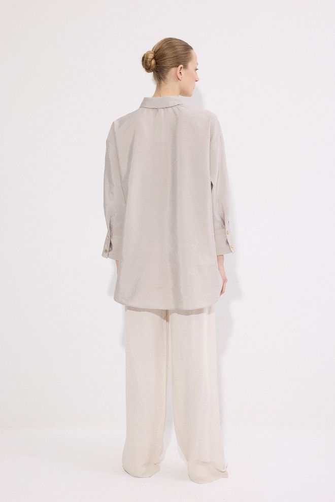 Touche Prive Beige Oversized Fit Polo Neck Long Sleeve Shirt Wholesale Clothing 5